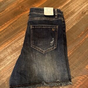Grace & Lace Patched Distressed Denim Shorts In Dark Wash Size 12 Blue